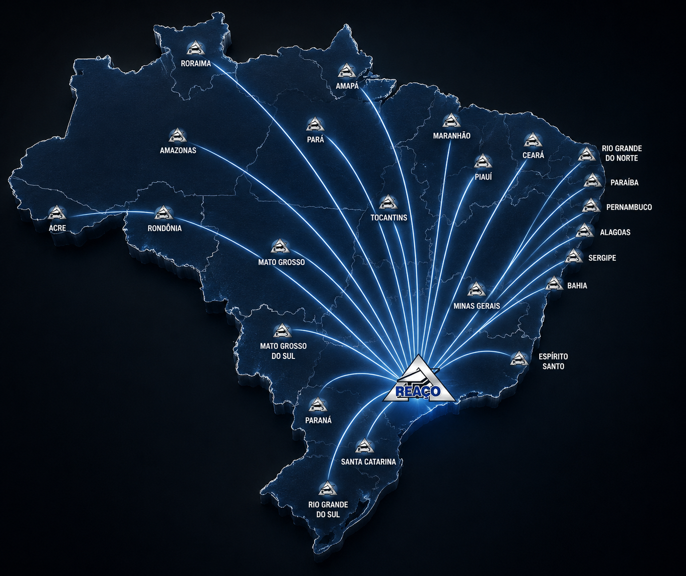 Mapa de distribuição da Reaço Ferro e Aço para todo o Brasil